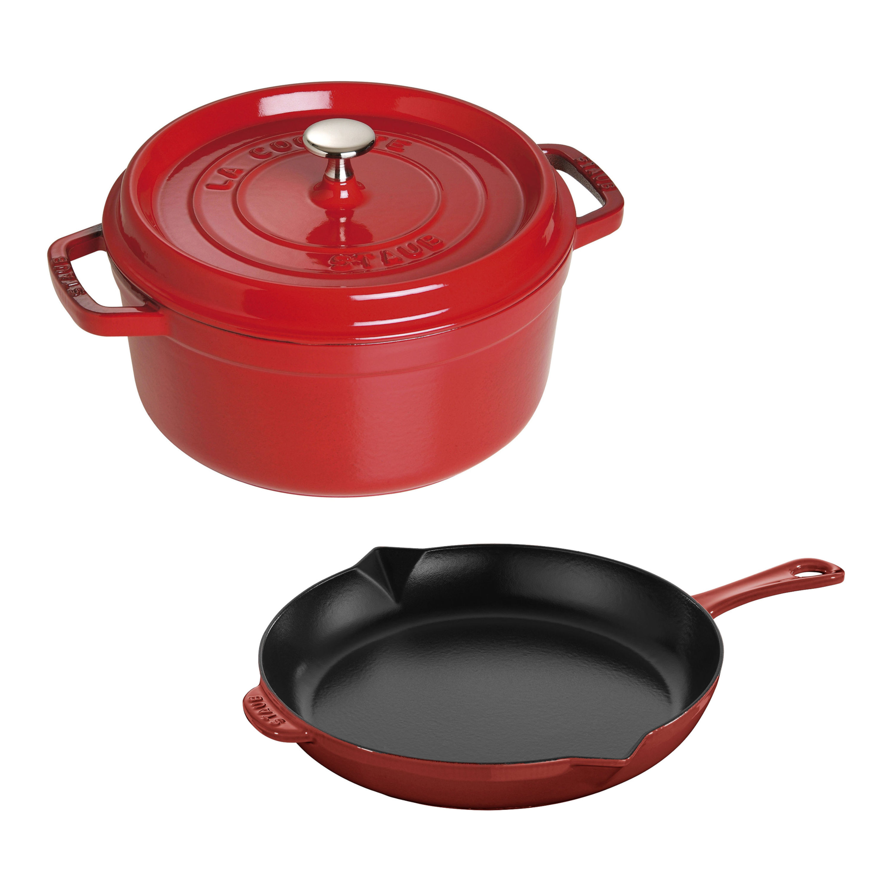 Staub Cast Iron - Sets 3-pc, Cocotte and Fry Pan Set, cherry