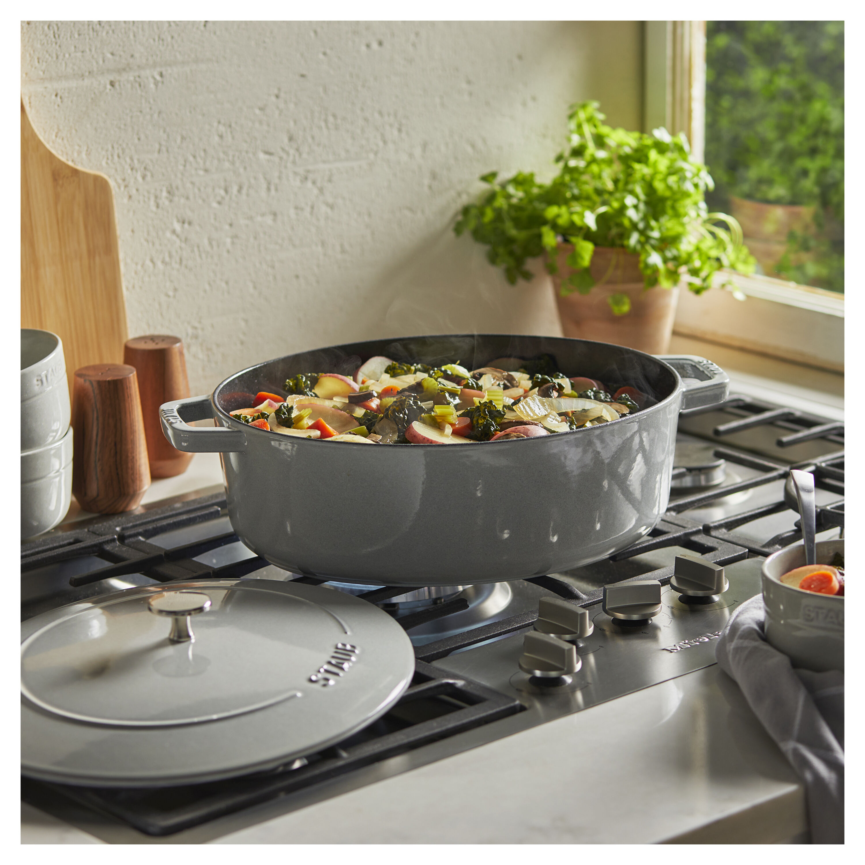 Staub Cast Iron 6.25 qt, Wide Oval Dutch Oven, white truffle