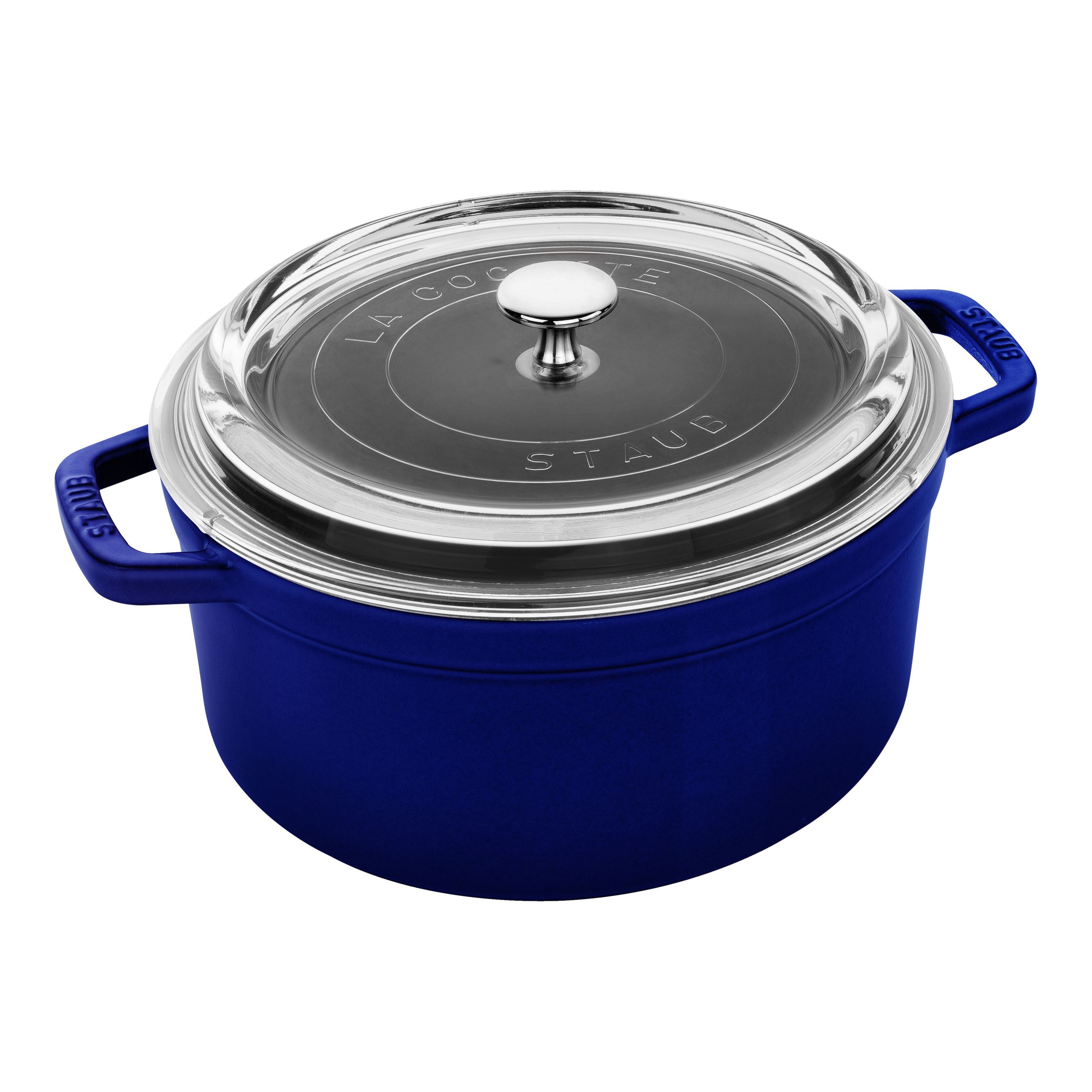 Staub Cast Iron 4 qt, Round, Glass Lid Cocotte, Dark Blue