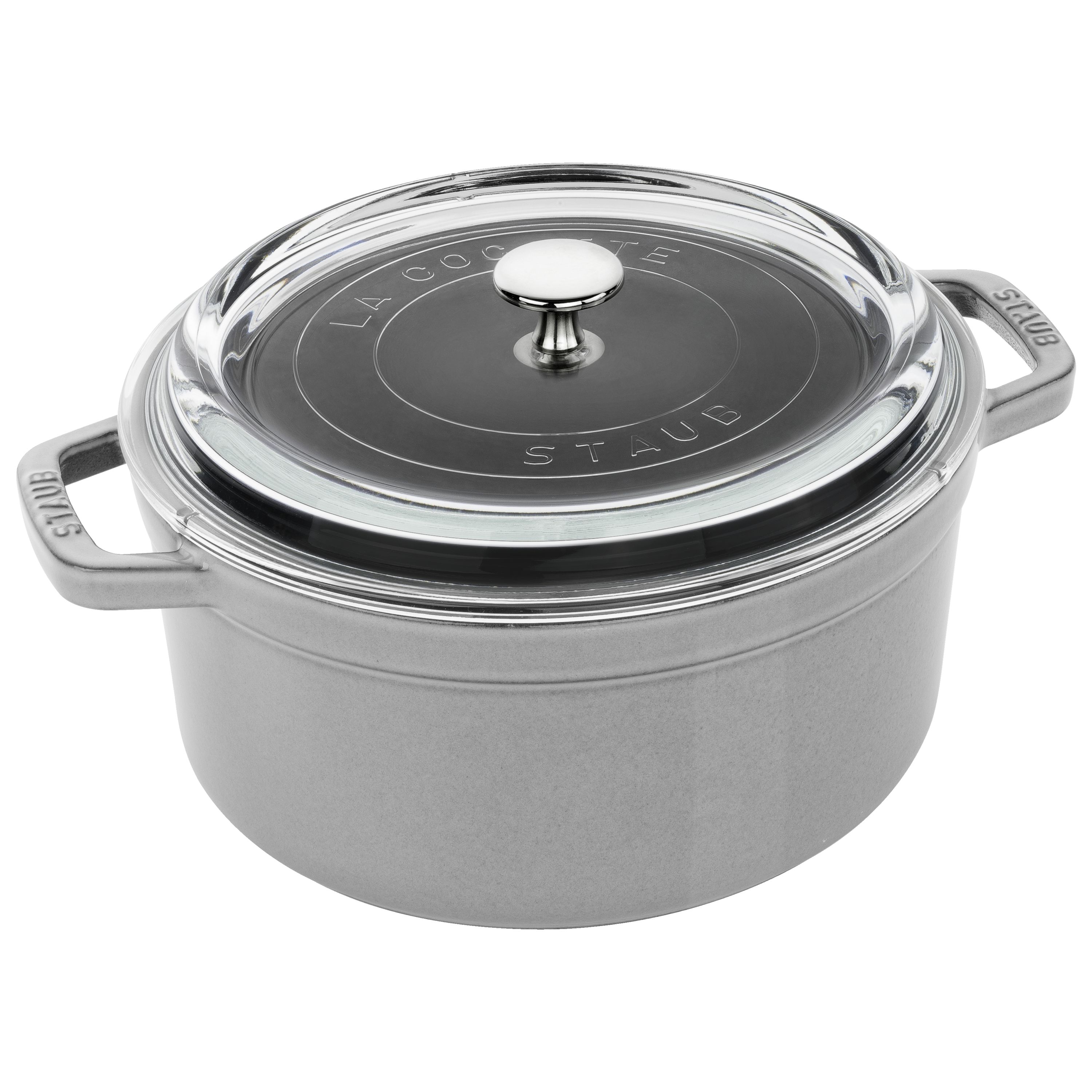 Staub Cast Iron 4 qt, Round, Glass Lid Cocotte, Graphite Grey