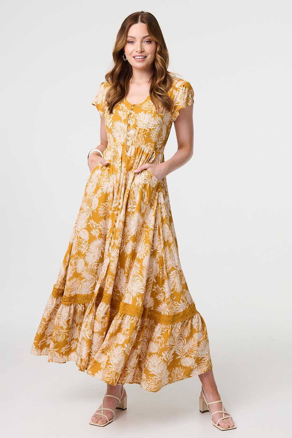 Izabel London - Leaf Print Cap Sleeve Maxi Dress