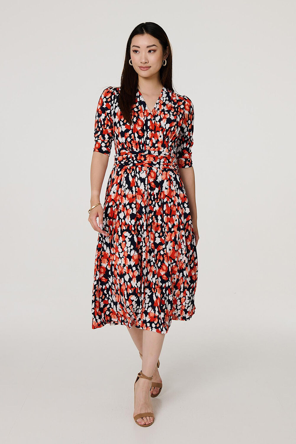Izabel London - Printed 3/4 Sleeve V-Neck Midi Wrap Dress