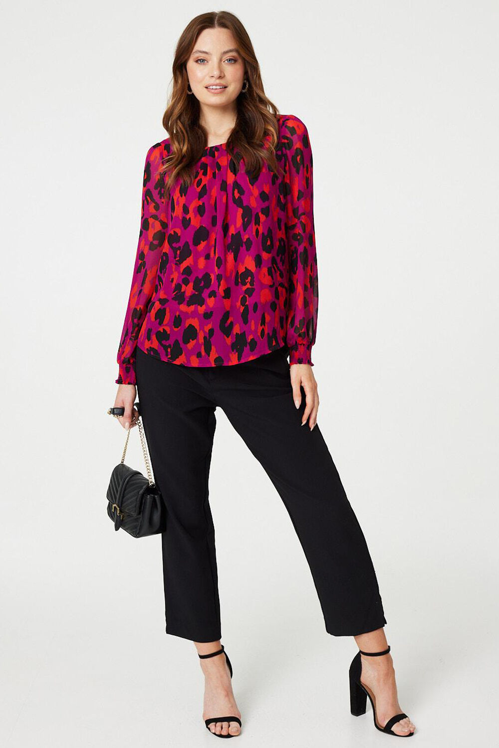 Izabel London – Animal Print Long Sleeve Ruched Blouse