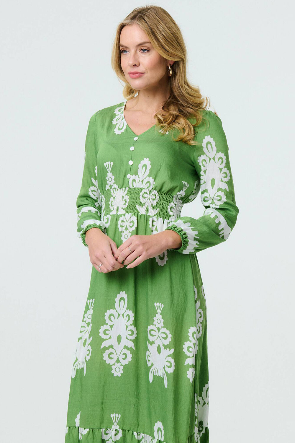 Izabel London – Ikat Print Long Sleeve Maxi Smock Dress