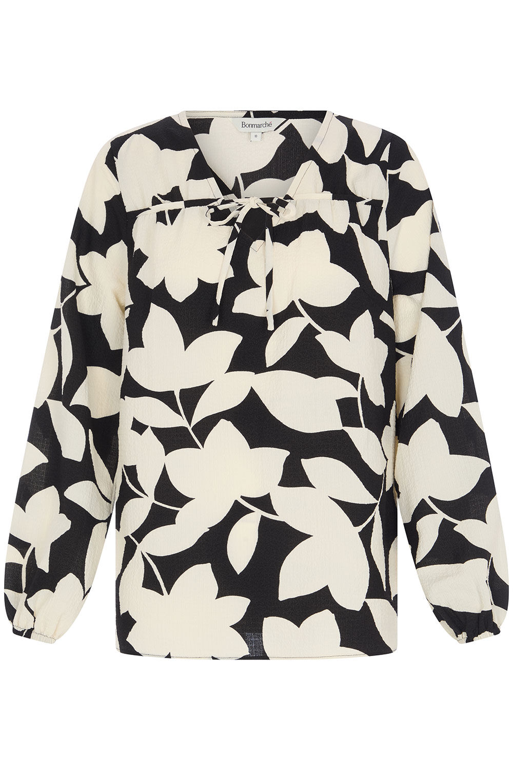 Large Leaf Print Tie Neck Blouse