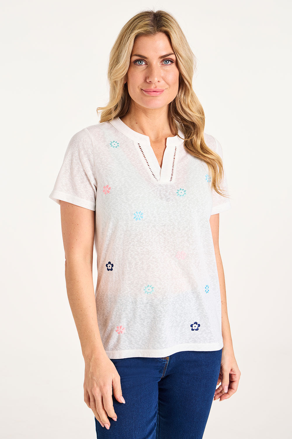 Embroidered Floral Notch Neck T-Shirt