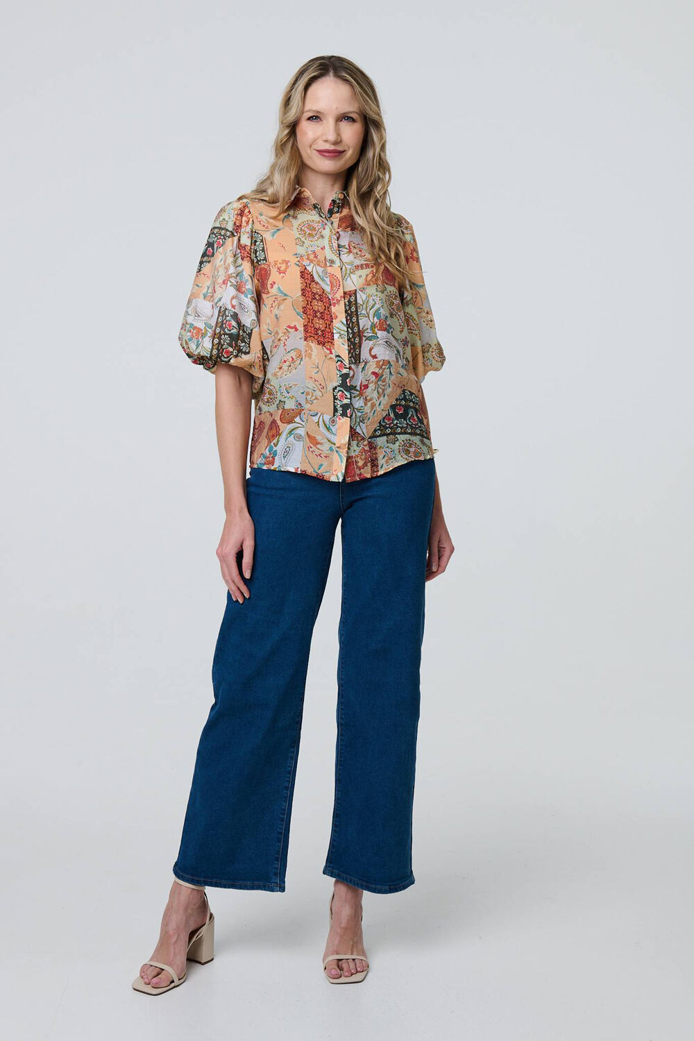 Izabel London – Patchwork Print 1/2 Puff Sleeve Shirt