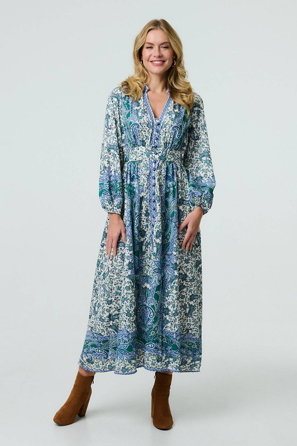 Izabel London - Paisley Long Puff Sleeve Empire Maxi Dress
