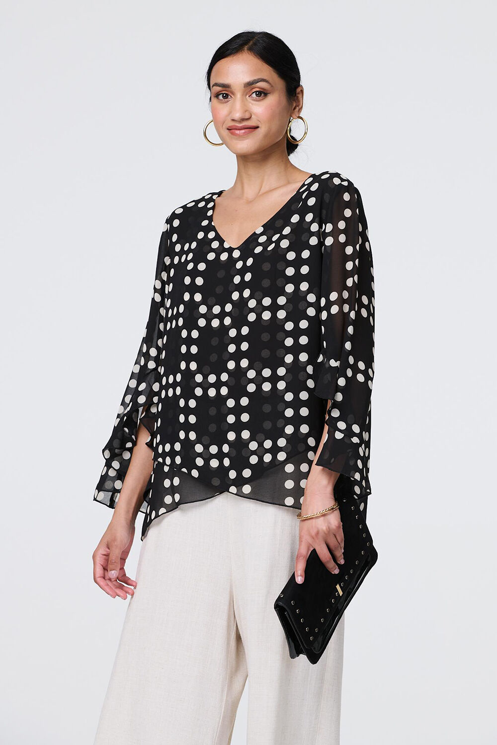 Izabel London - Dot Print Semi Sheer Flare Sleeve Blouse
