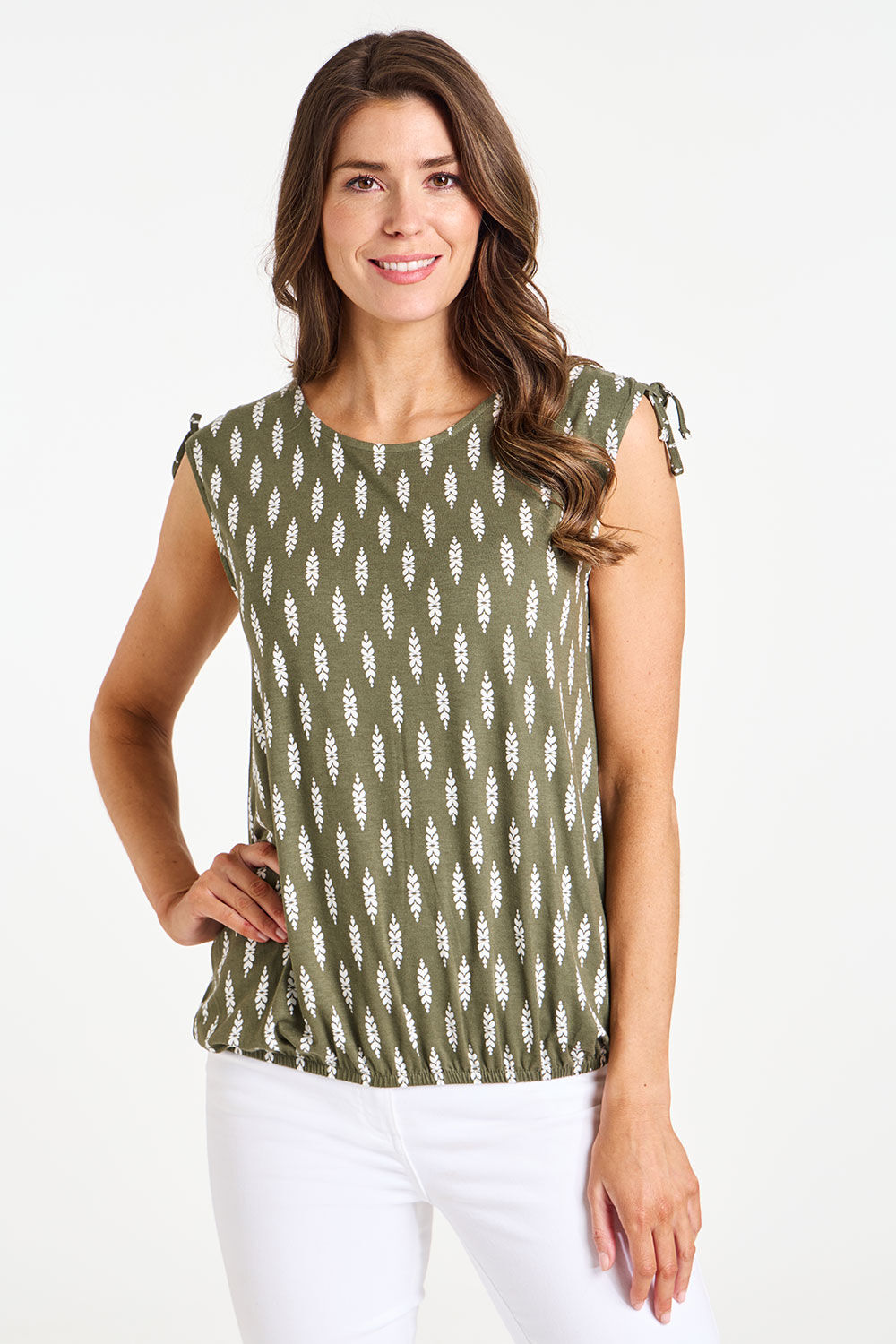 Foulard Leaf Print Ruched Shoulder Bubble Hem Top