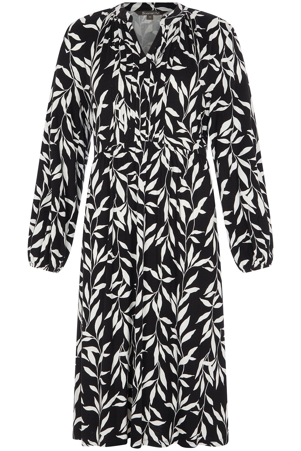 Leaf Print Jersey Pintuck Dress