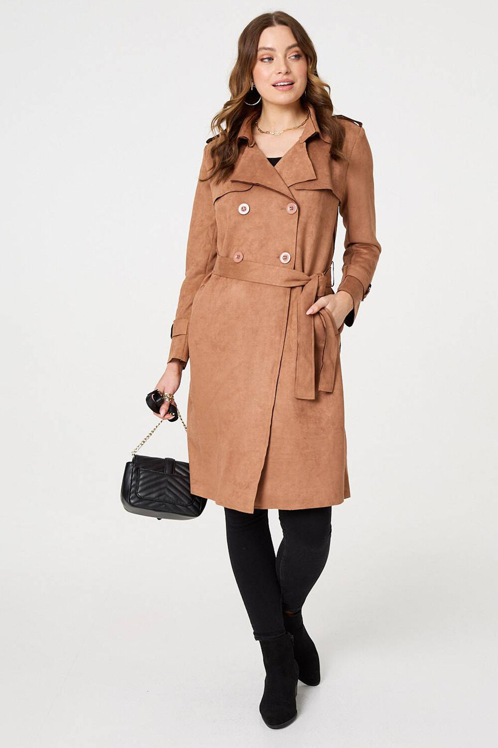 Izabel London – Faux Suede Button Front Trench Coat