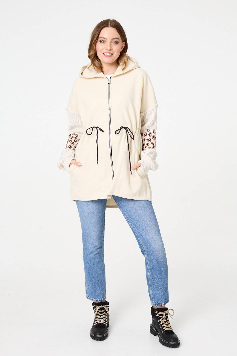 Izabel London – Animal Print Zip Front Relaxed Hoodie
