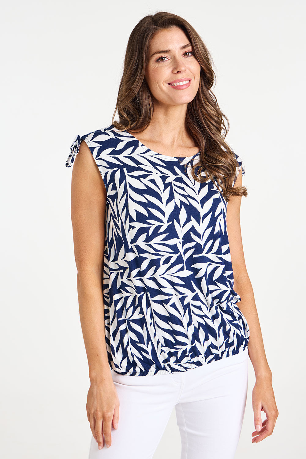 Leaf Print Ruched Shoulder Bubble Hem Top