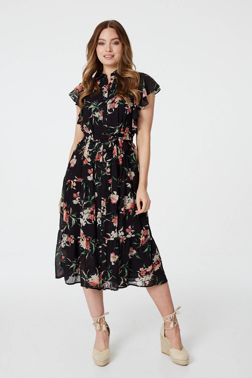 Izabel London - Floral Angel Sleeve Shirt Dress