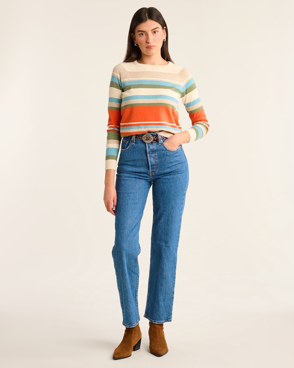 WOMEN'S COTTON/CASHMERE STRIPED SWEATER