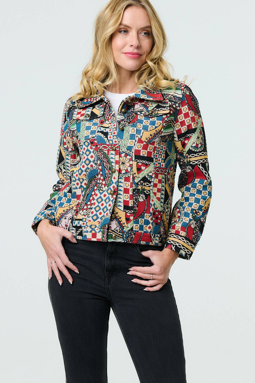 Izabel London – Abstract Print Cropped Collared Jacket