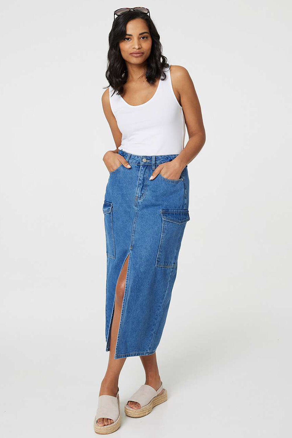 Izabel London - Denim High Waist Split Midi Skirt