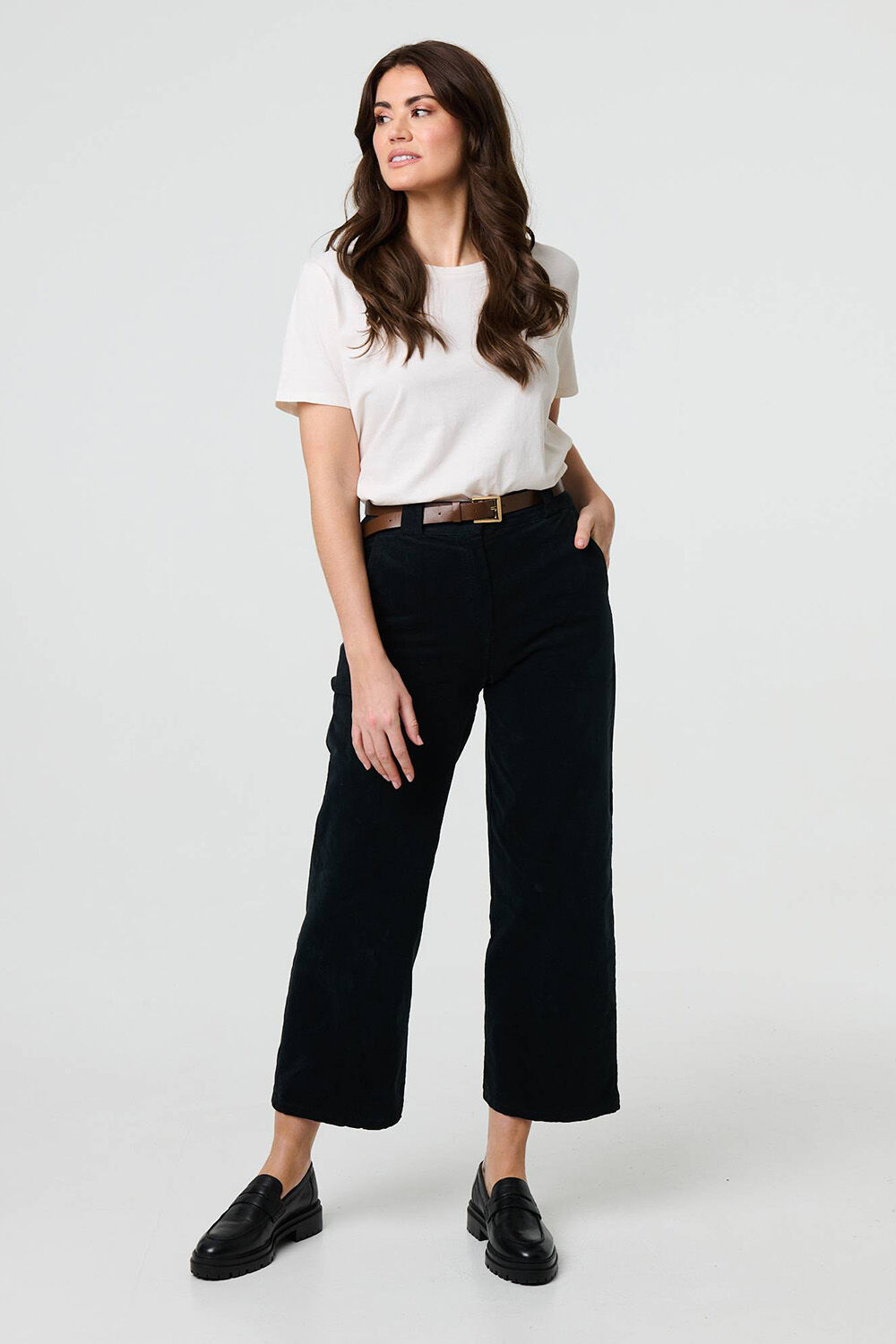 Izabel London – Faux Leather Belt Corduroy Trousers