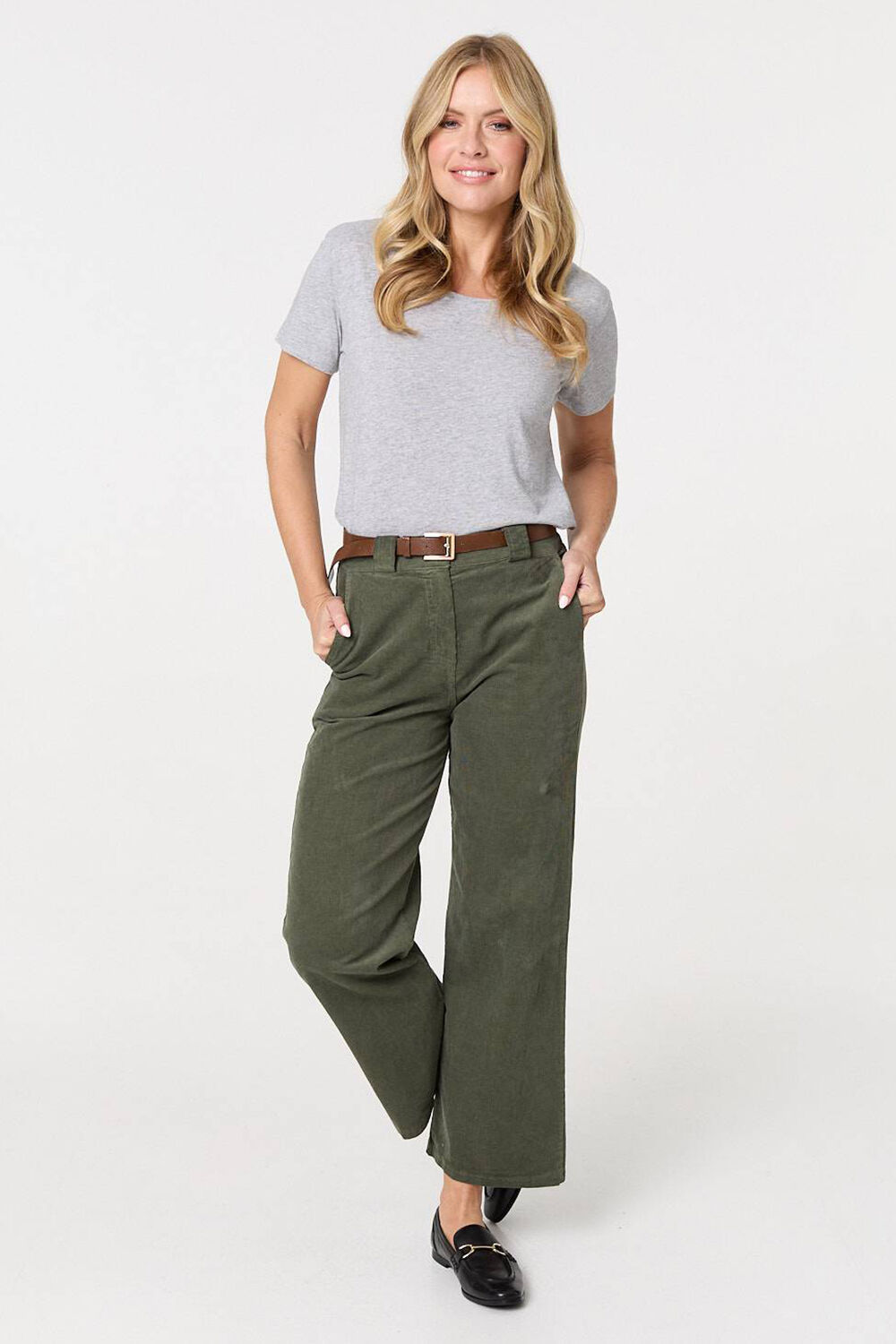 Izabel London – Faux Leather Belt Corduroy Trousers