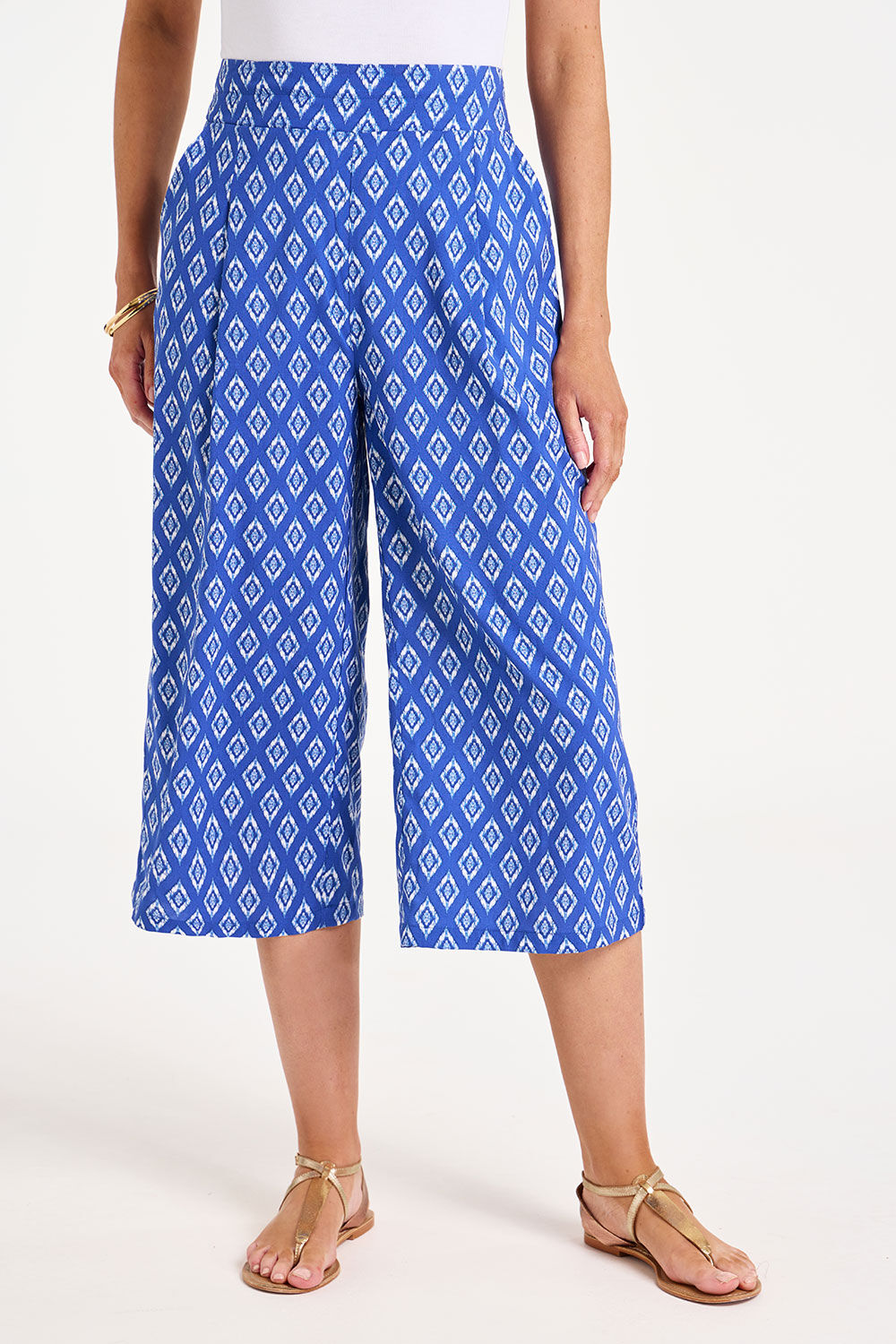 Abstract Print Pleat Front Cropped Elasticated Trousers