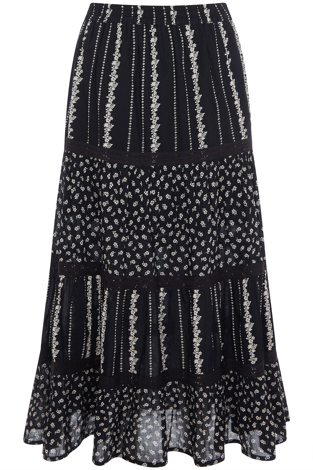 Floral Stripe Print Lace Insert Skirt