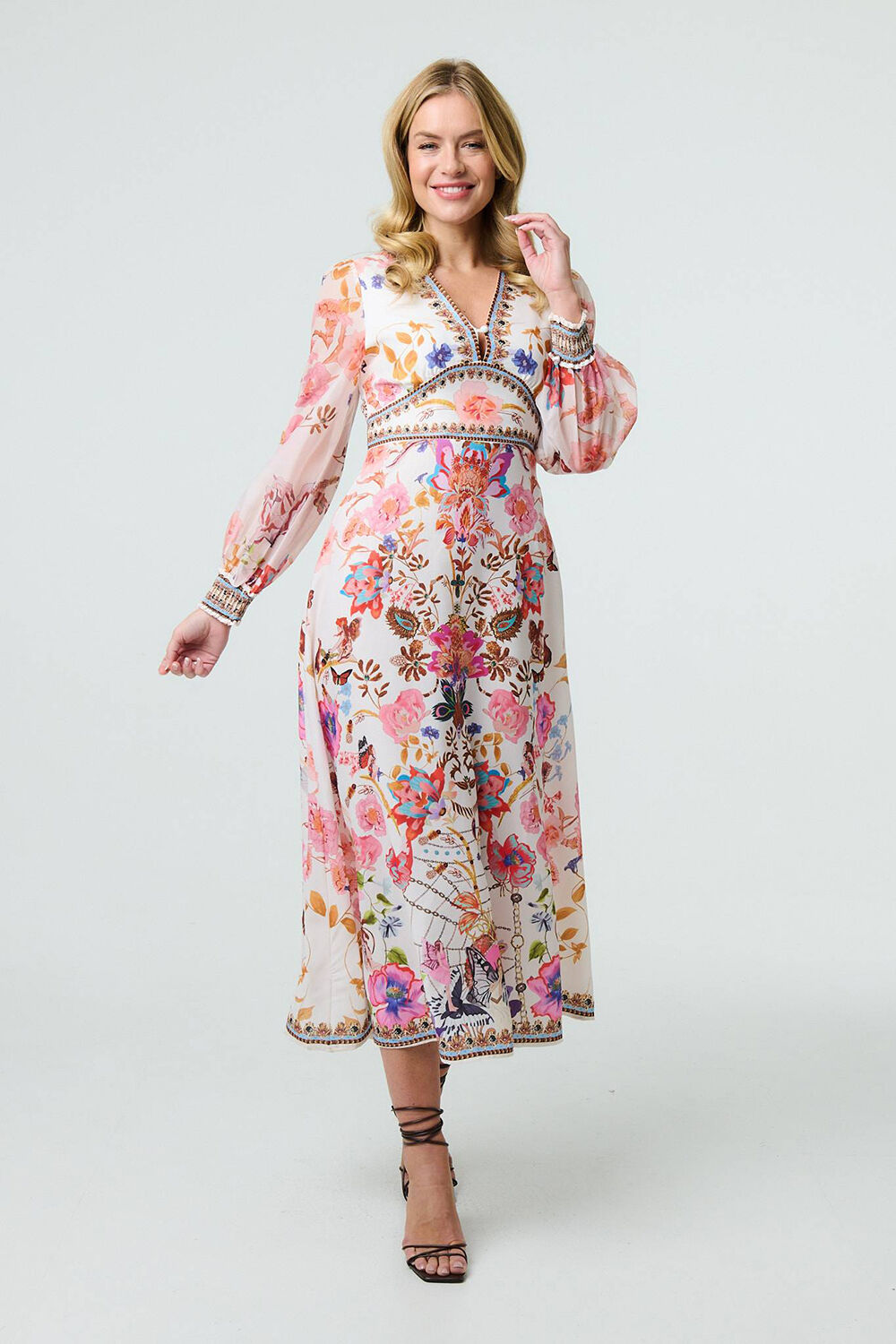 Izabel London - Floral Border Print Kimono Maxi Dress