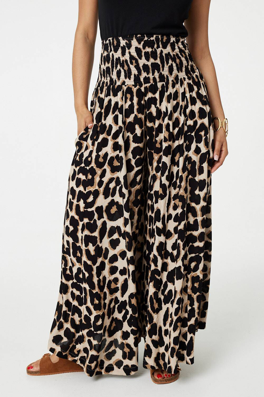 Izabel London – Animal Print High Waist Wide Leg Trousers