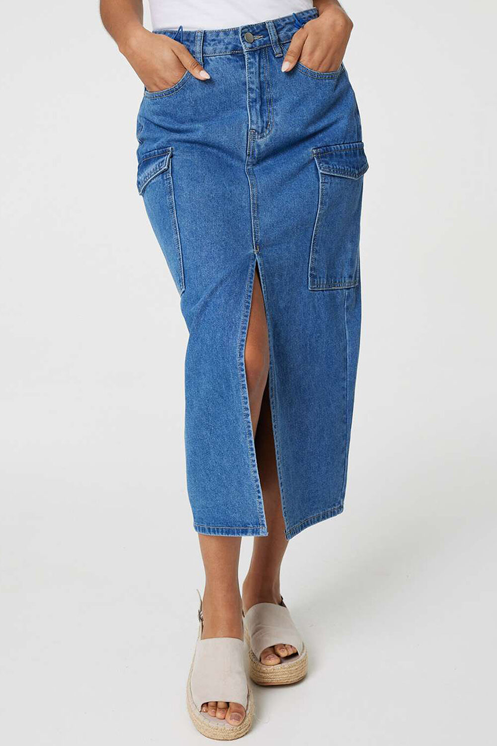 Izabel London - Denim High Waist Split Midi Skirt