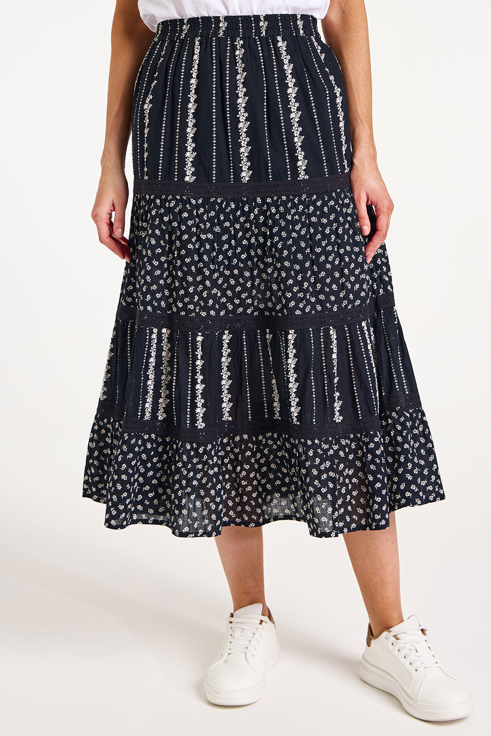 Floral Stripe Print Lace Insert Skirt