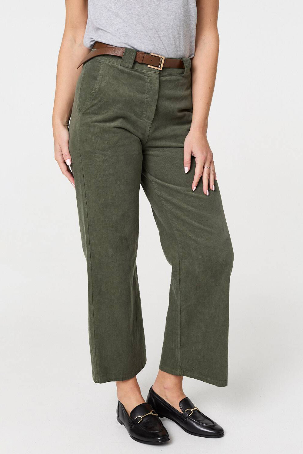 Izabel London – Faux Leather Belt Corduroy Trousers