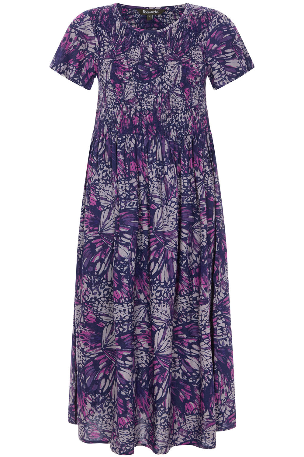 Butterfly Print Shirred Bodice Dress