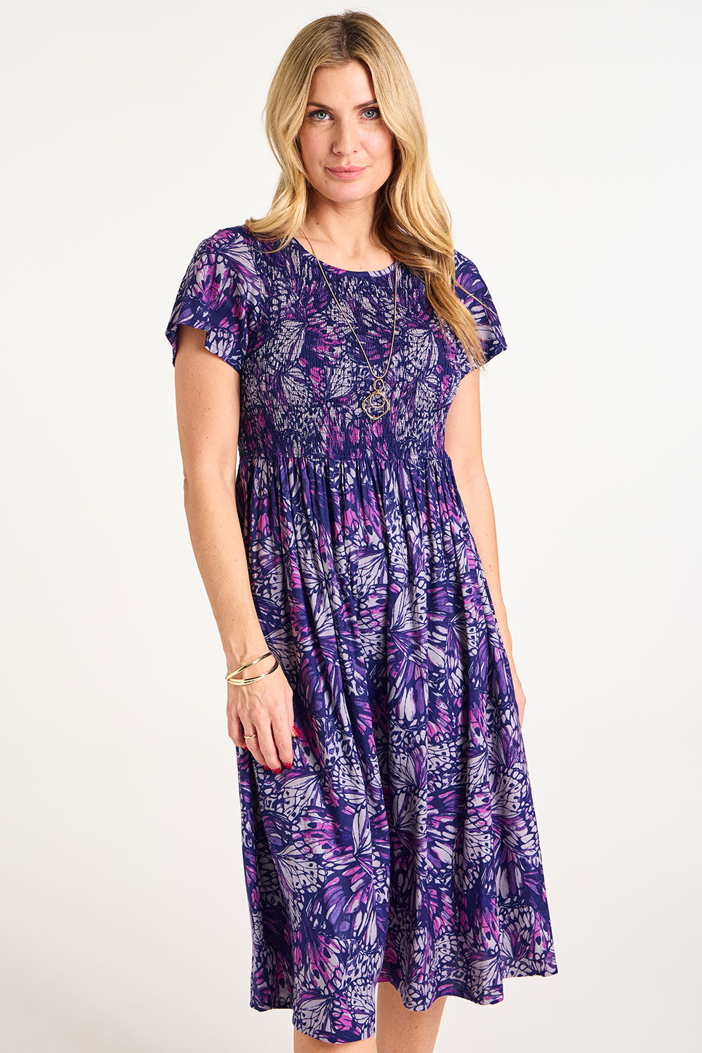 Butterfly Print Shirred Bodice Dress