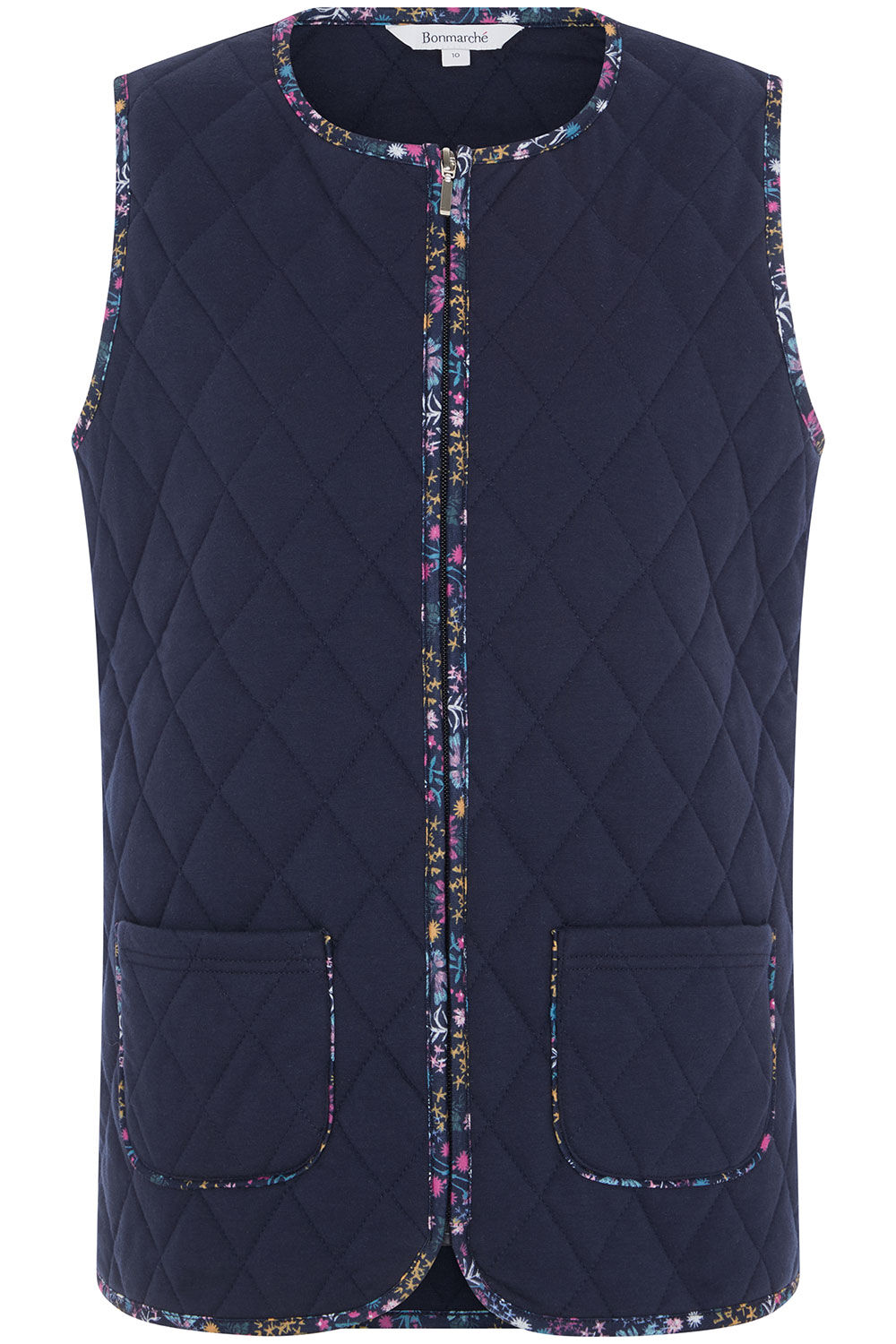Ditsy Trim Collarless Quilted Zip Through Gilet