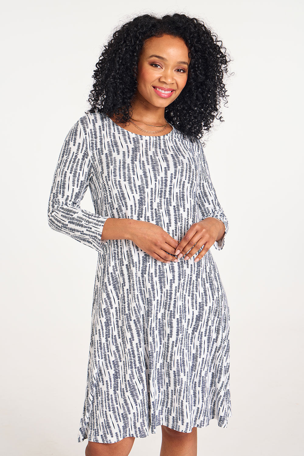3/4 Sleeve Linear Dash Print Jersey Swing Dress