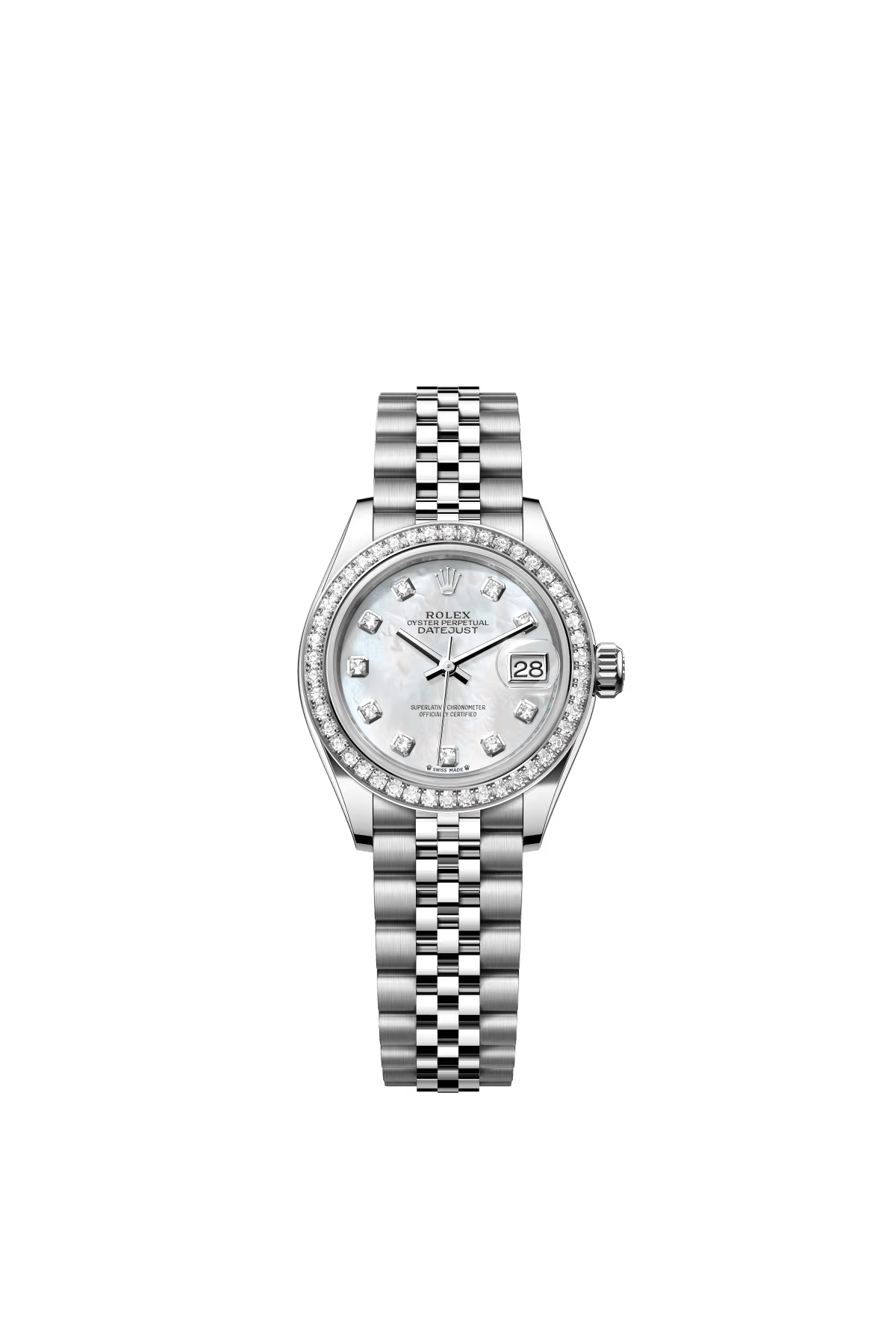 The Oyster Perpetual Lady-Datejust in white gold and Oystersteel with a diamond-set white mother-of-pearl dial and a Jubilee bracelet. -m279384rbr-0011 28mm