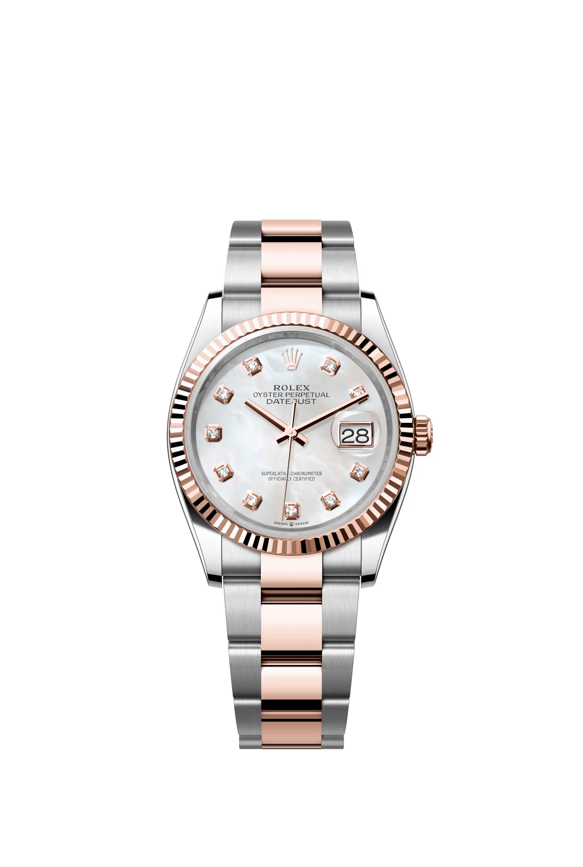 The Oyster Perpetual Datejust 36 is available in Everose gold and Oystersteel, with a diamond-set white mother-of-pearl dial and an Oyster bracelet. -m126231-0022
