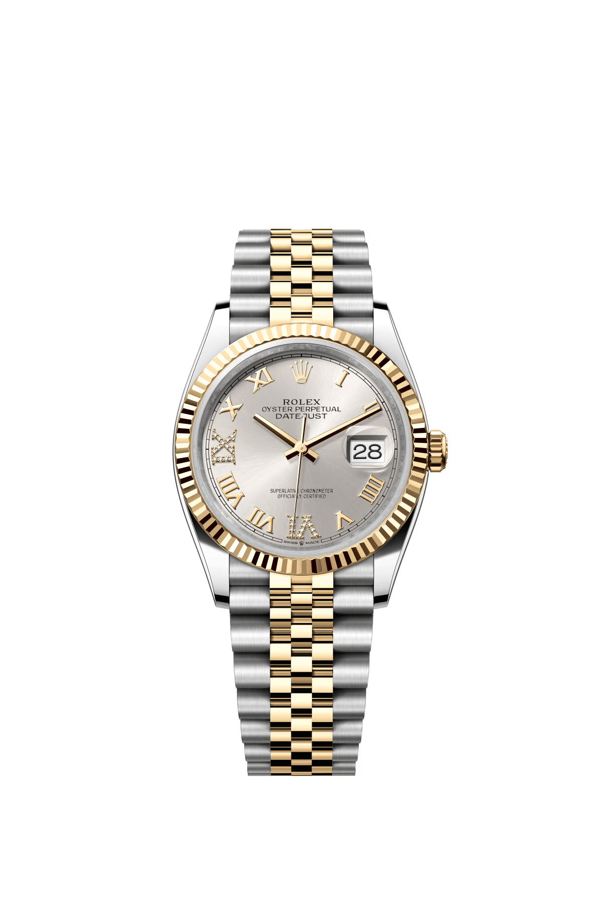 The Oyster Perpetual Datejust 36 is available in yellow gold and Oystersteel with a silver-toned diamond-set dial and a Jubilee bracelet. -m126233-0031