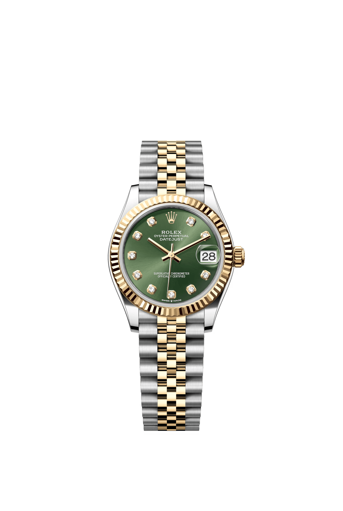 The Oyster Perpetual Datejust 31 in yellow gold and Oystersteel with a diamond-set olive green dial and a Jubilee bracelet. -m278273-0030
