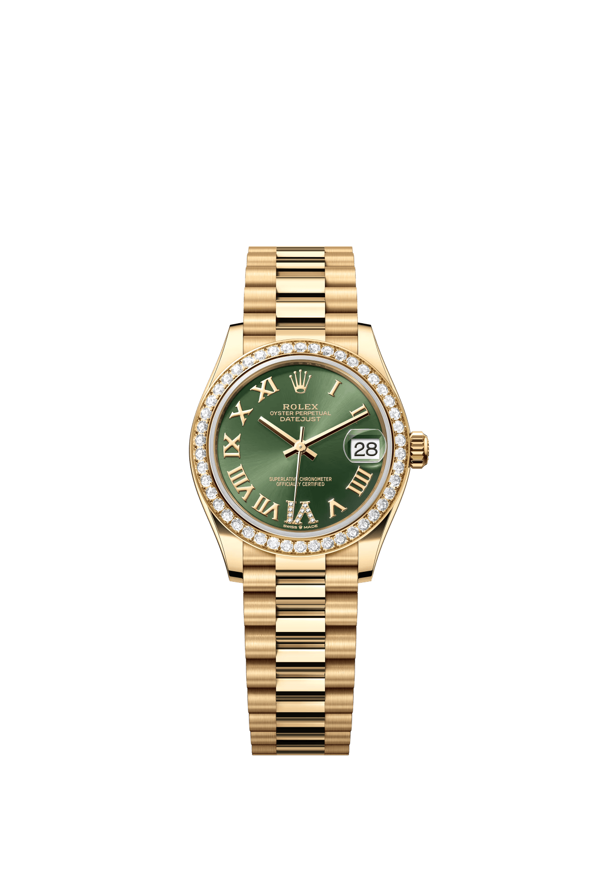 The Oyster Perpetual Datejust 31 is in 18 ct yellow gold with an olive-green diamond-set dial and a President bracelet. -m278288rbr-0024