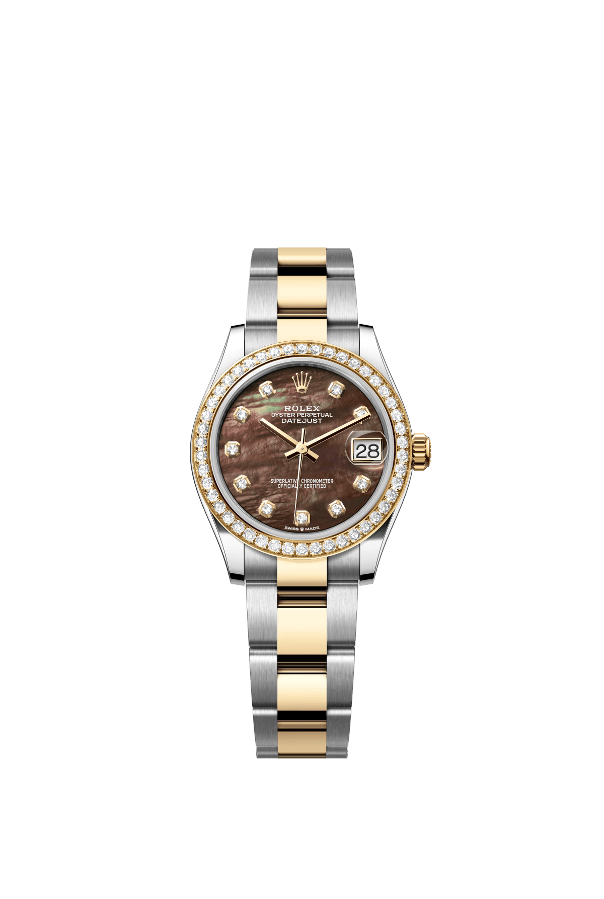 The Oyster Perpetual Datejust 31 is available in yellow gold and Oysteel, with a diamond-set black mother-of-pearl dial and an Oyster bracelet. -m278383rbr-0023