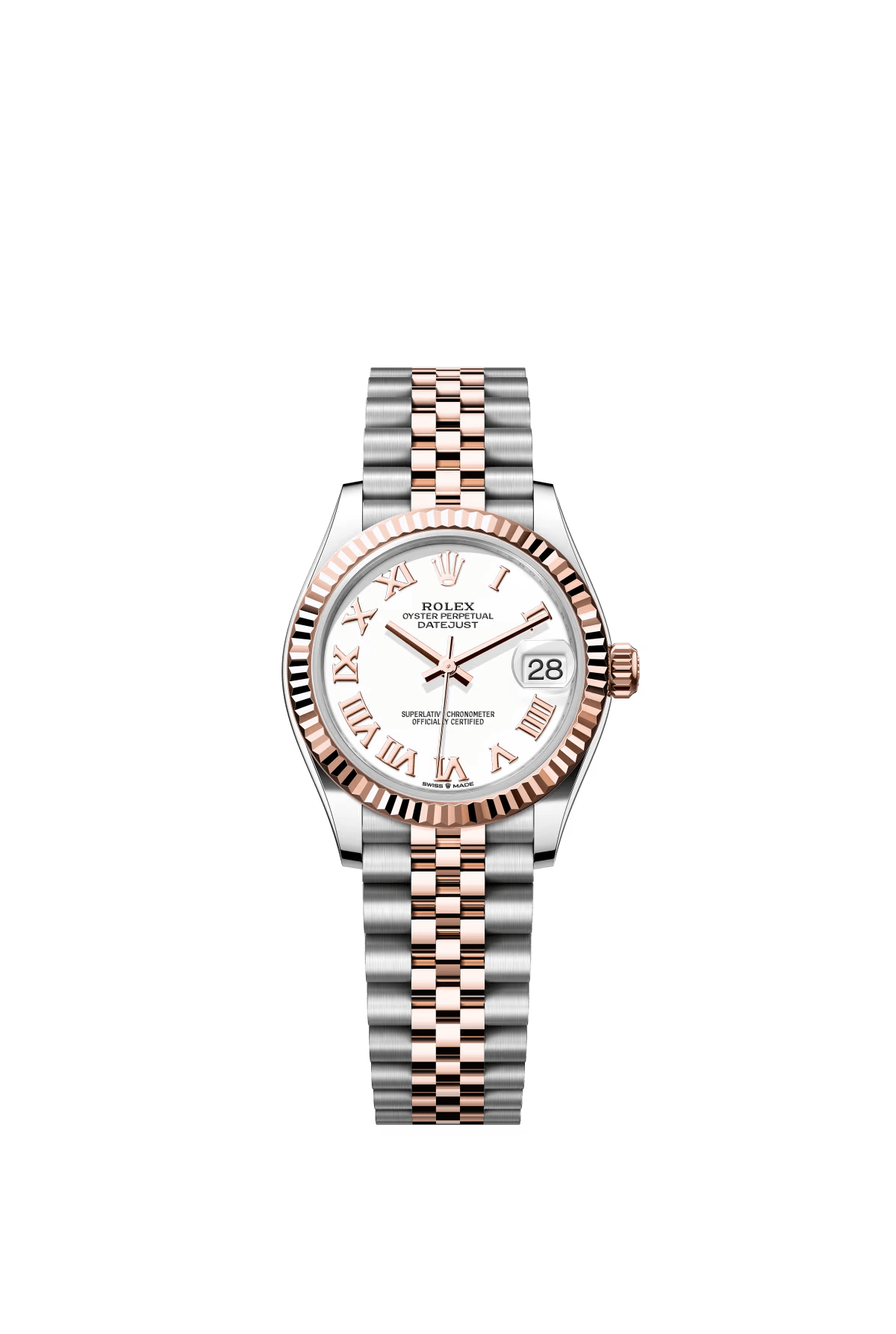 The Oyster Perpetual Datejust 31 is available in Everose gold and Oystersteel with a white dial and a Jubilee bracelet. -m278271-0002