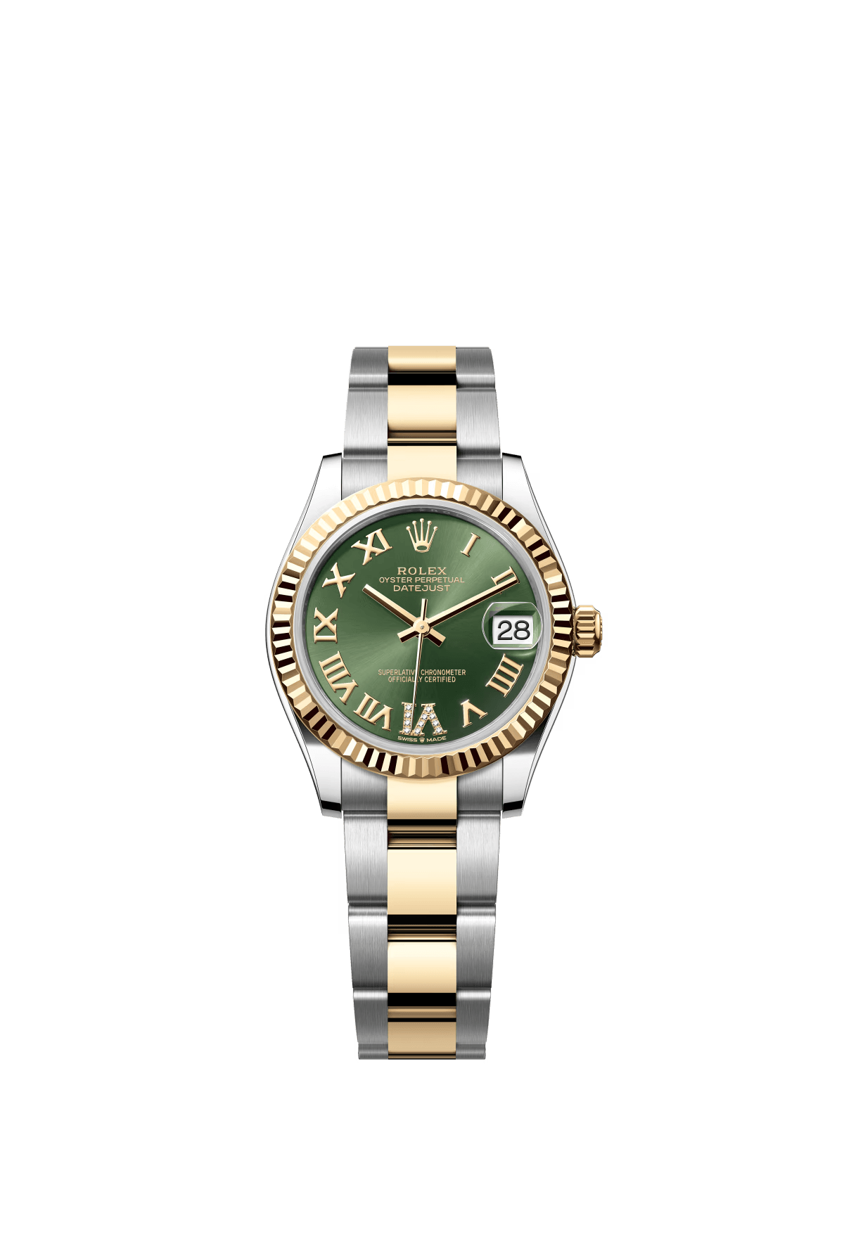 The Oyster Perpetual Datejust 31 is available in yellow gold and Oysteel, with a diamond-set olive green dial and an Oyster bracelet. -m278273-0015
