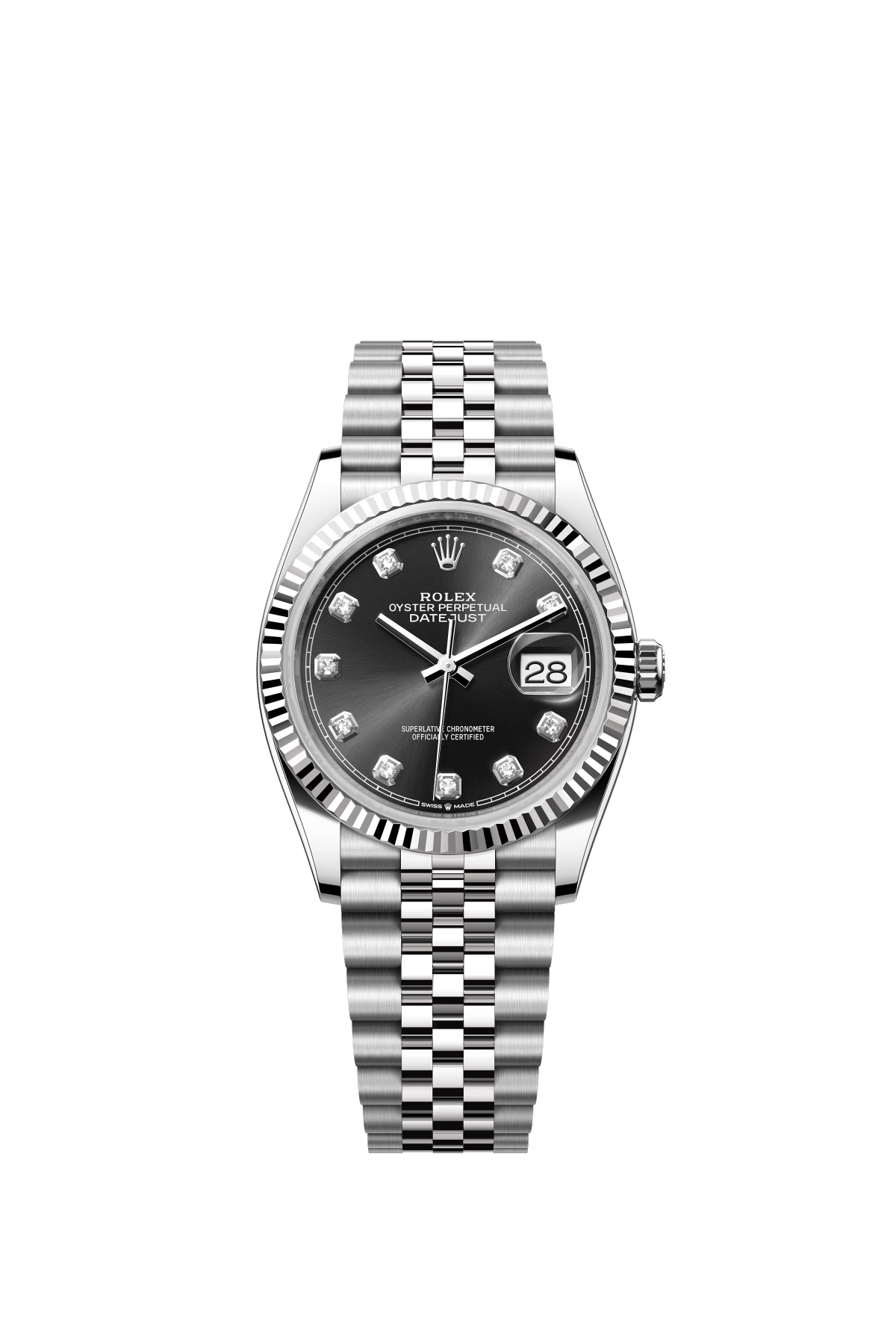 The Oyster Perpetual Datejust 36 is available in white gold and Oystersteel with a shiny black diamond-set dial and a Jubilee bracelet. -m126234-0027
