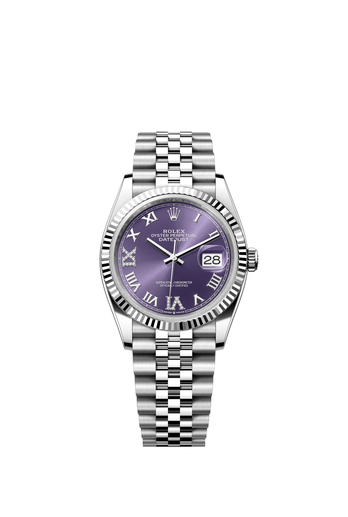 The Oyster Perpetual Datejust 36 in white gold and Oystersteel with a diamond-set eggplant purple dial and a Jubilee bracelet. -m126234-0021