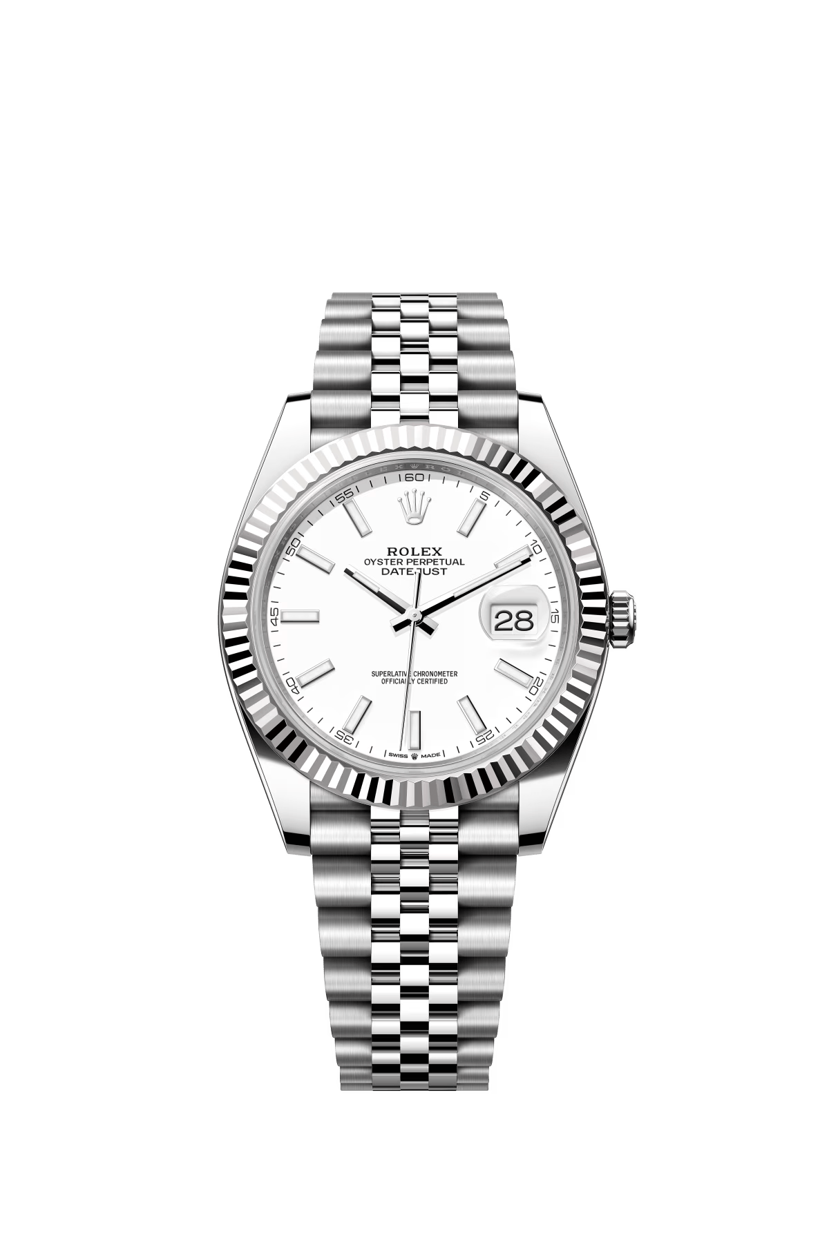 The Oyster Perpetual Datejust 41 is available in white gold and Oystersteel, with a white dial and a Jubilee bracelet. -m126334-0010