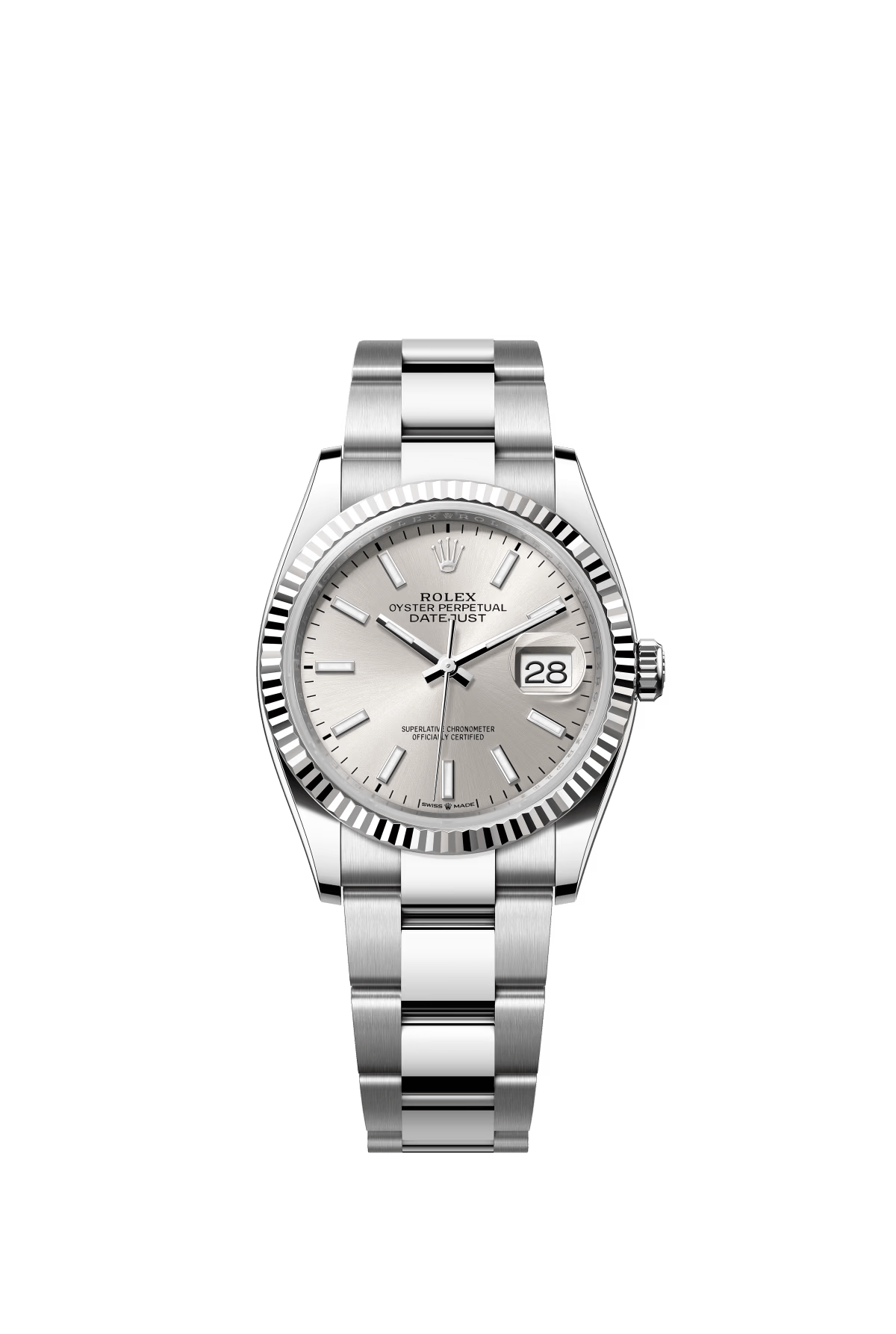 The Oyster Perpetual Datejust 36 is available in white gold and Oystersteel with a silver dial and Oyster bracelet. -m126234-0014