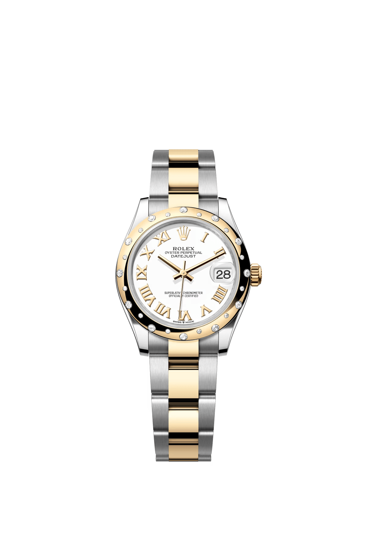The Oyster Perpetual Datejust 31 is available in yellow gold and Oysteel, with a white dial and an Oyster bracelet. -m278343rbr-0001
