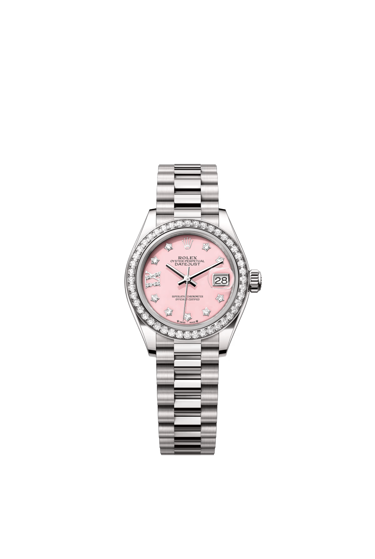 The Oyster Perpetual Lady-Datejust in 18 ct white gold with a diamond-set pink opal dial and a President bracelet. -m279139rbr-0002 28mm