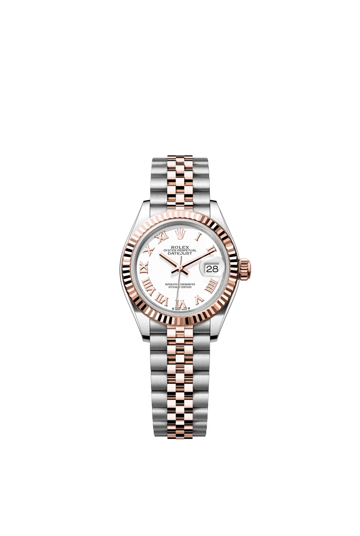 The Oyster Perpetual Lady-Datejust is available in Everose gold and Oystersteel with a white dial and a Jubilee bracelet. -m279171-0021 28mm